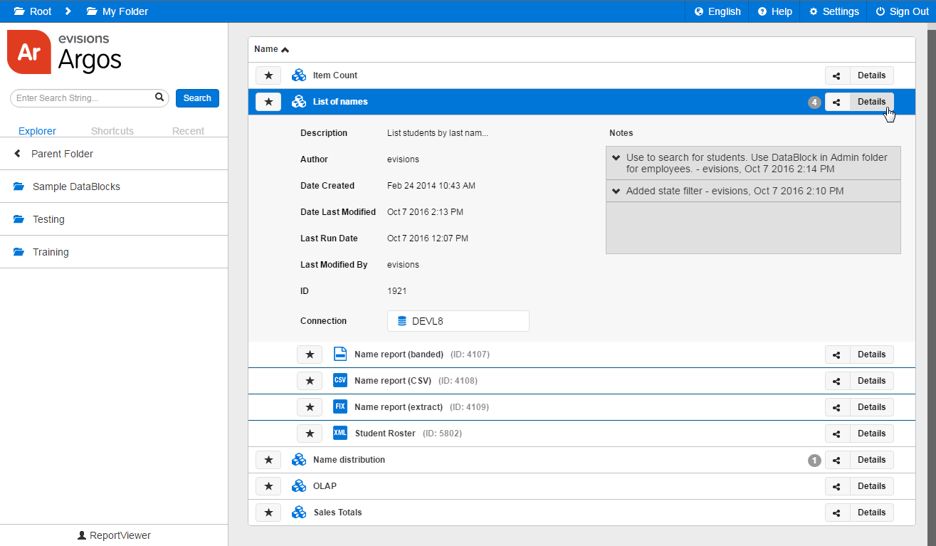 DataBlock with expanded details showing three reports underneath