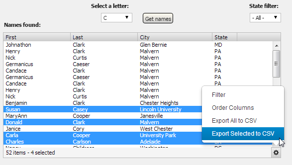 Selecting multiple rows allows you to export just those rows to a CSV file in addition to being able to export the entire listbox results.