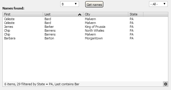 6 items, 29 filtered by state = PA, Last name contains "Bar"