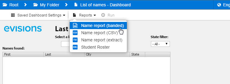When in a dashboard, select a report from the drop down menu at the top of the screen and click "Run".