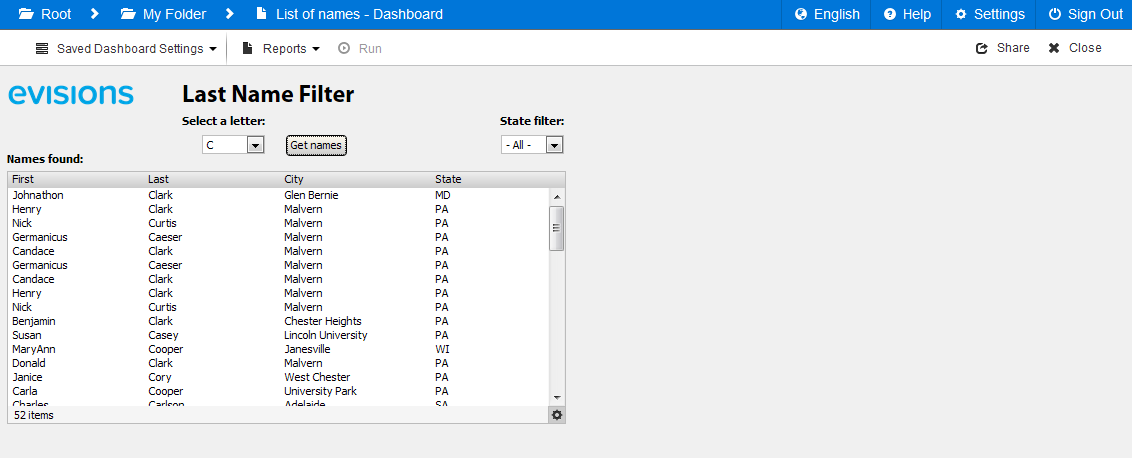 Shows a dashboard running full-screen in the Argos Web Viewer.  The breadcrumb trail and toolbar options are at the top of the screen.