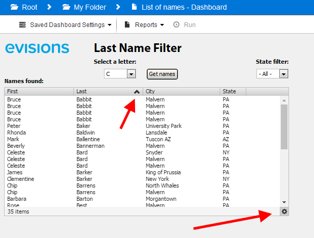 Multi-column list box highlighting the sort indicator on the last name field and the filter button in the lower right corner.