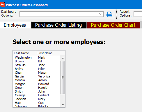 A dashboard showing three tabs with three different forms. The first tab is selected. It has a listbox with a list of employees.