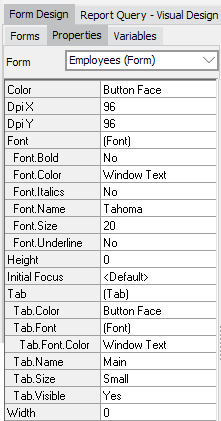 The form design tab showing the properties tab for the employees form.  Is Tab is set to Yes, and Tab Name is set to Employees.