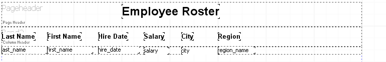 This image shows the report design prior to creating groups. It contains the last name, first name, hire date, salary, city, and region fields.