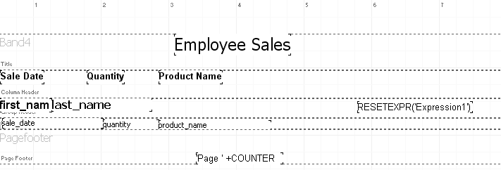 This image shows the final report design.  The report is titled Employee sales and contains sale date, quantity, and productn name for each sales person.