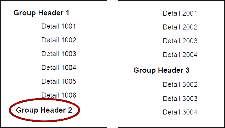 There are two pages illustrated here. The first page shows a group header at the bottom of the page with no detail bands below it. The second page shows that the detail bands were moved to the next page without their group header.