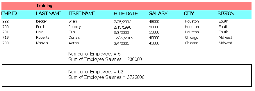 This image shows the report at this stage with the summary band containing the number of employees and sum of sales.