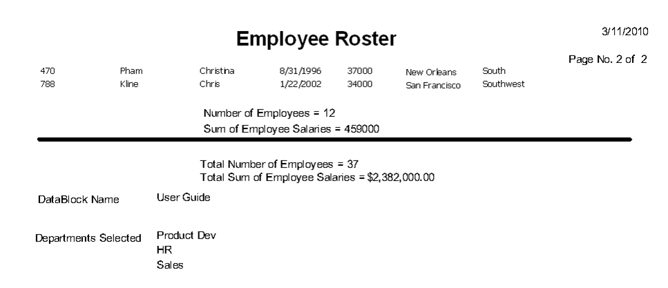 The report with the DataBlock name and selected query parameters in the Summary Band.