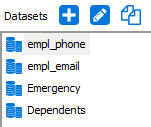 Dataset pane on the Band Report Editor. The pane is showing all four created datasets.  The datasets are the employee phone, employee email, emergency, and dependents.