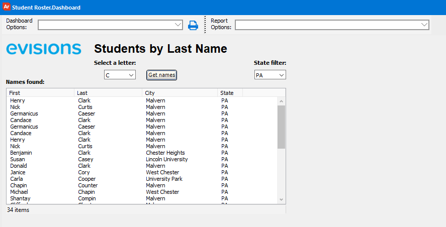 Dashboard created by the previous form, showing a list of students whose last names begin with C, and who also live in the state of Pennsylvania.