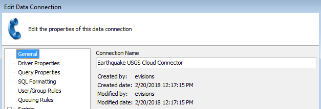 Connection Name: Earthquake USGS Cloud Connector