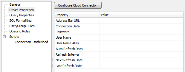 Driver Properties tab with the Cloud Connector selected.  Properties are blank, including the address bar URL, connection data, password, username, username alias, auto refresh data, refresh interval, next refresh date, and last refresh date.