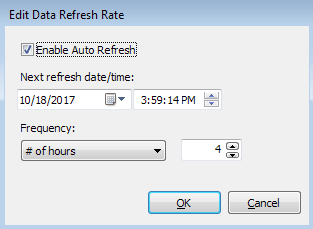 Edit Data Refresh Rate dialog.  Checkbox Enable Auto Refresh.  Next refresh date/time date picker/spin box.  Frequency # of hours dropdown, # spinbox.