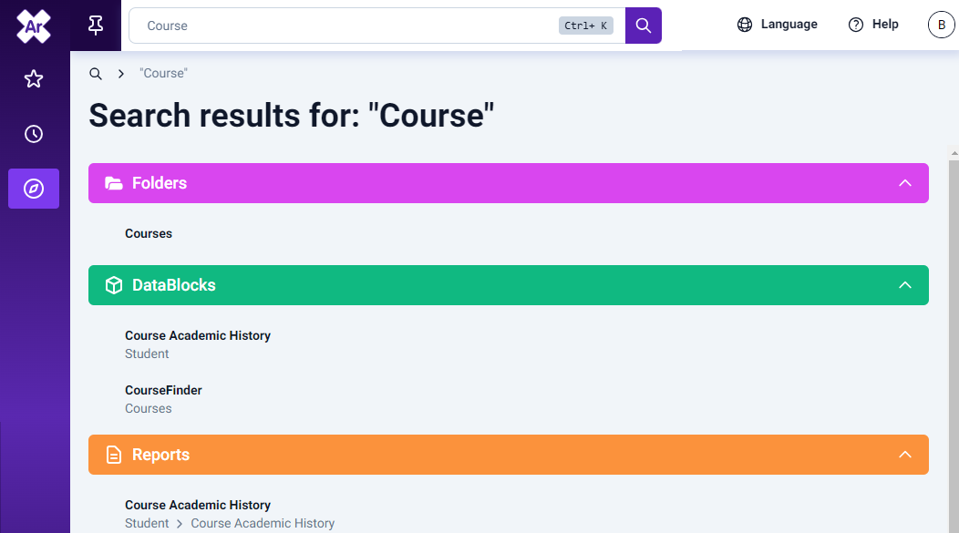 Search results showing two datablocks and three reports that match the search text