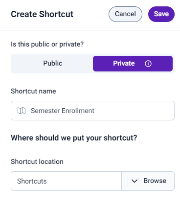 Create Shortcut Dialog.  DataBlock: Item Count. Name: Item Count. Location: <Root>. Privacy: My Shortcut.
