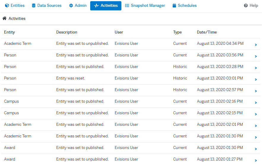 Example of the error log showing a list of recent events.