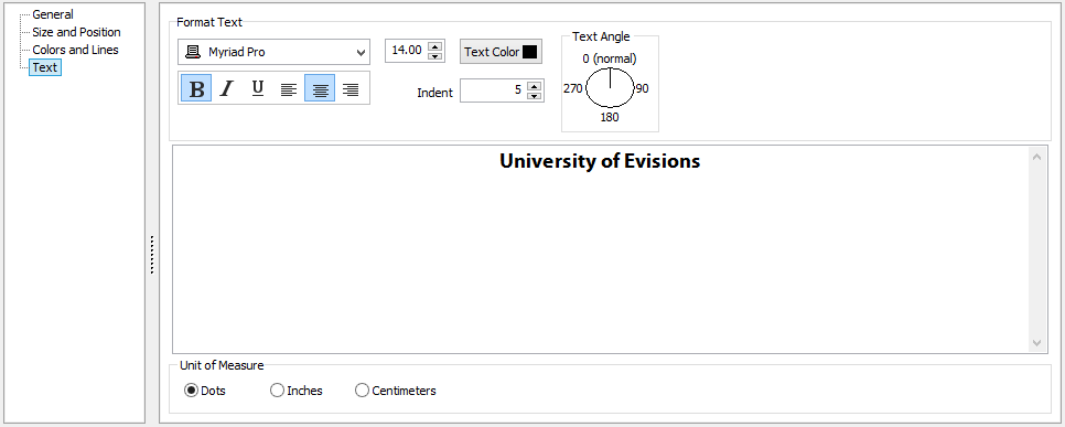 Editing a text field in the object properties dialog. Here you can select the font and set the font size, color, and style. You can also set the angle of the text and the indent.