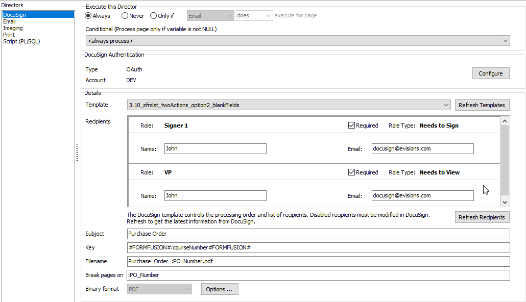 DocuSign Director configuration page