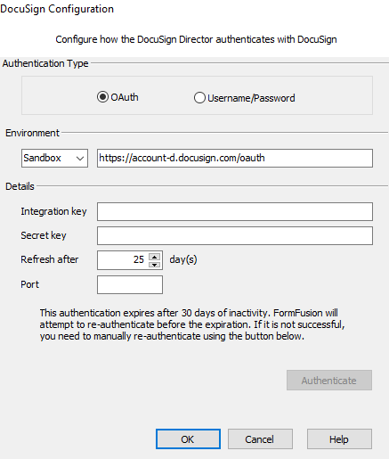 Docusign configuration dialog for OAuth settings