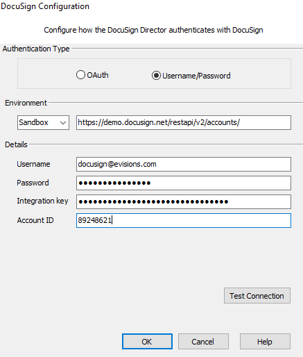 Docusign configuration screen for username and password authentication settings
