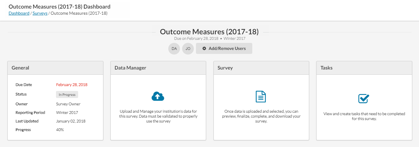 Surveys screen showing the General, Data Manager, Survey, Reporting, and Tasks cards for the current survey