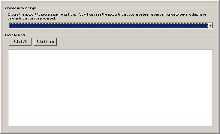 This image shows the Account and Batch selections screen where you select an account from a drop down box.