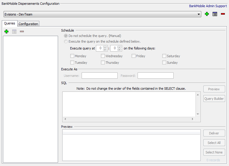 This image shows the BankMobile Configuration screen with a Configuration selected and the Queries tab selected.