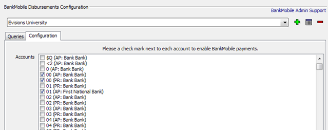 This image shows the BankMobile Configuration screen with the Configuration tab selected.