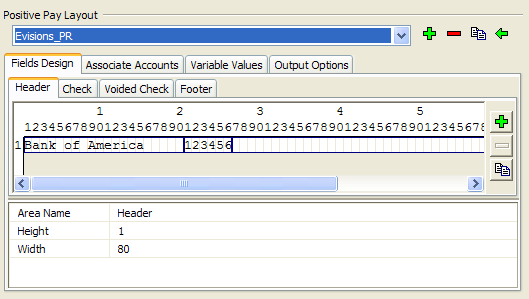 This image shows the Positive Pay layout screen with the Fields Design tab selected.