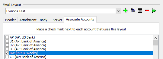 This image shows the Email Layout screen with the Associate Accounts tab selected.