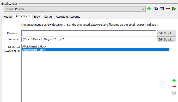 This image shows the Email Layout screen with the Attachment tab selected.