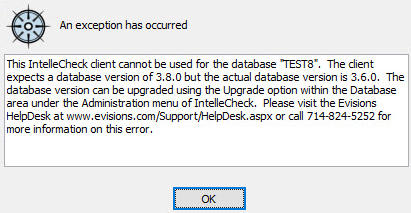 This image shows the error message that will be displayed if a user tries to connect to an incompatible version of the database.