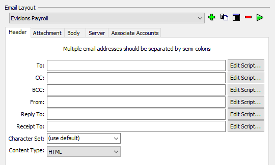 This image shows the Email Layout screen with the Header tab selected.
