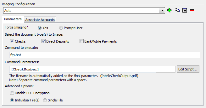 This image shows the Imaging Configuration screen with the Parameters tab selected.