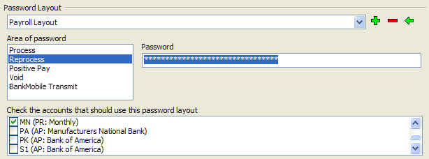Password Layout screen showing the Payroll Layout selected.  An admin is editing the password for the Reprocess menu, which is applied only to the MN bank code.