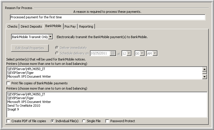 This image shows the Payment Configuration screen with the BankMobile tab selected.