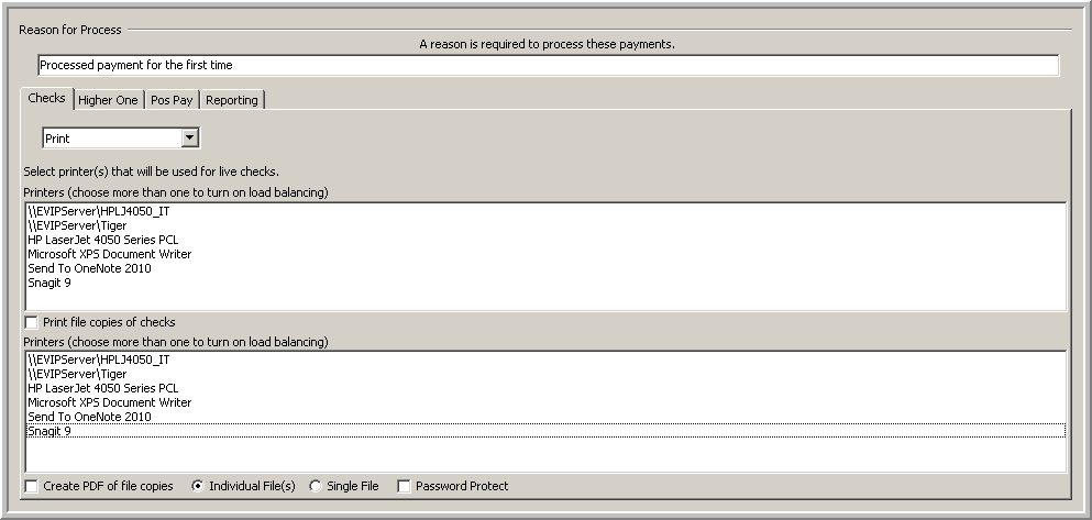 This image shows the Payment Configuration screen with the checks tab selected.