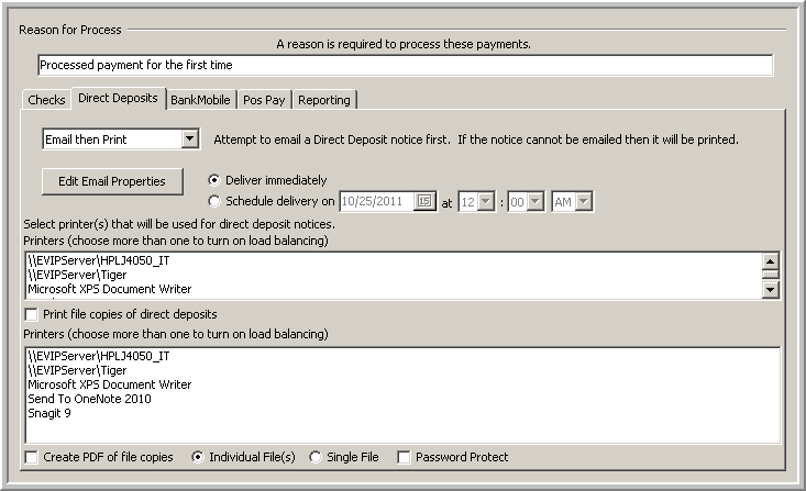 This image shows the Payment Configruation screen with the Direct Deposits tab selected.