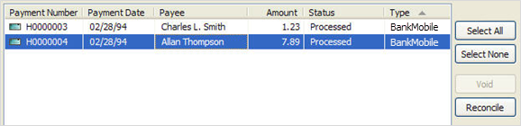 This image shows the Reconciliation screen where you select account type and date range for BankMobile payments to be reconciled.