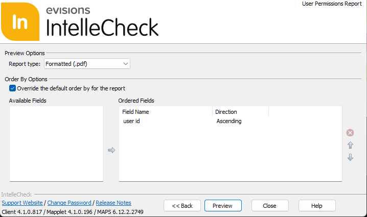 This image shows the sorting options for the User Permissions Report.