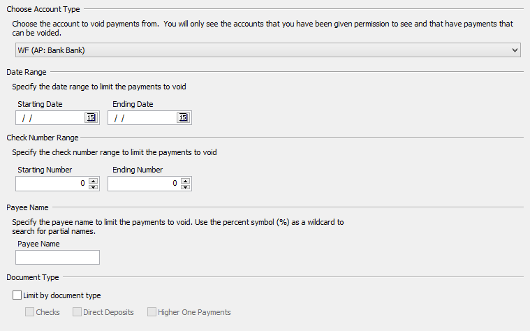 This image shows the Choose Account Type screen where you choose the account to void payments from.