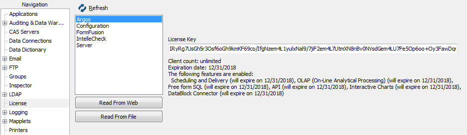License screen in the MAPS Config showing the installed applications and their license details.