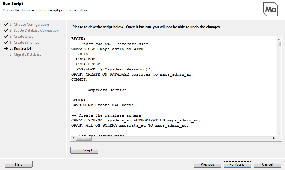 Run Script screen showing the SQL script about to be run to create the database users and schemas.