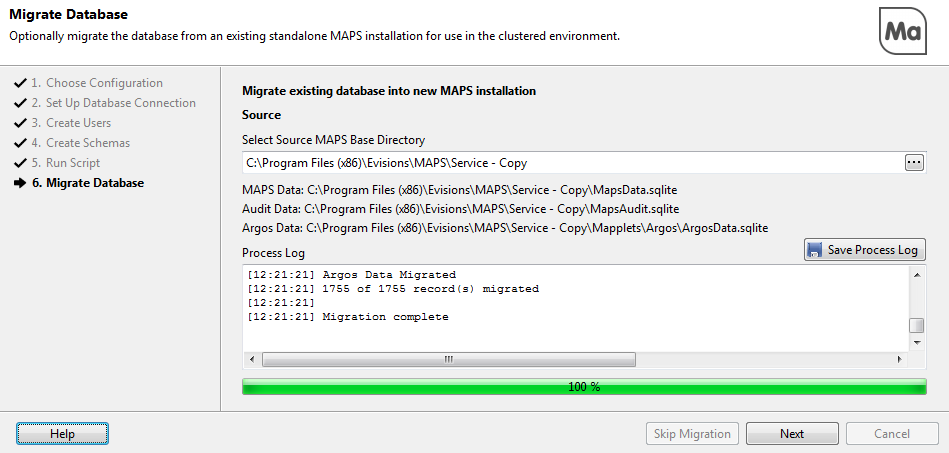 Migrate Database screen showing paths to the old MAPS, auditing, and Argos .sqlite database files.  The process log for the migration and a progress bar are shown underneath.