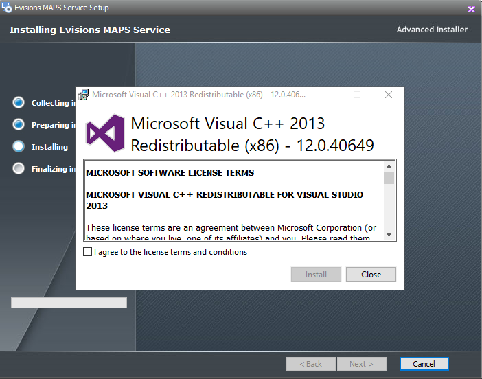 Evisions MAPS Services requires that the following be installed on your computer prior to installation.  Microsoft Visual C++ 2013 Redistributable Packages