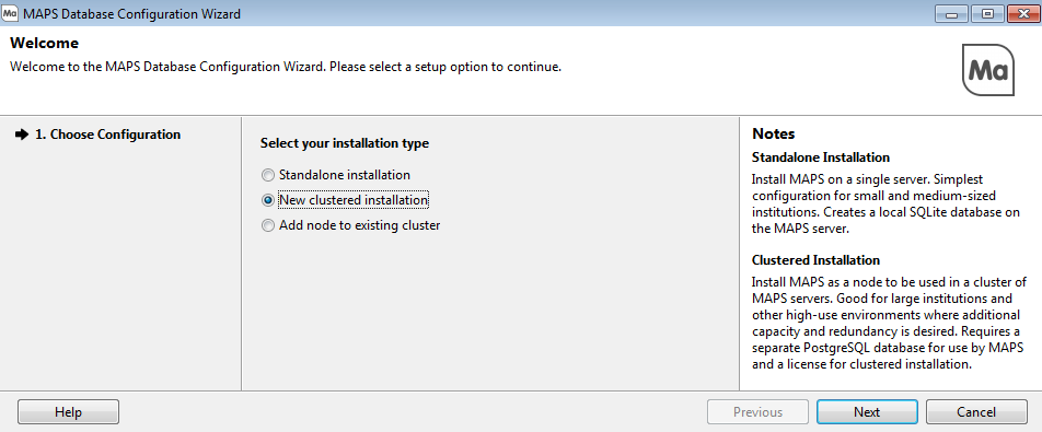 Install MAPS as a node to be used in a cluster of MAPS servers.  Good for large institutions and other high-use environments where additional capacity and redundancy is desired.  Requires a separate PostgreSQL database for use by MAPS and a license for clustered installation.
