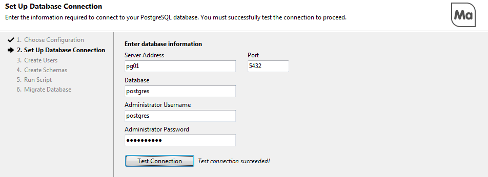 Step 2 of the installation process where you enter the database information and test the database connection.