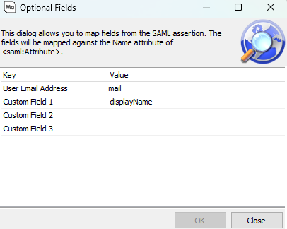 Dialog used to configure custom fields for SAML server single sign-on.