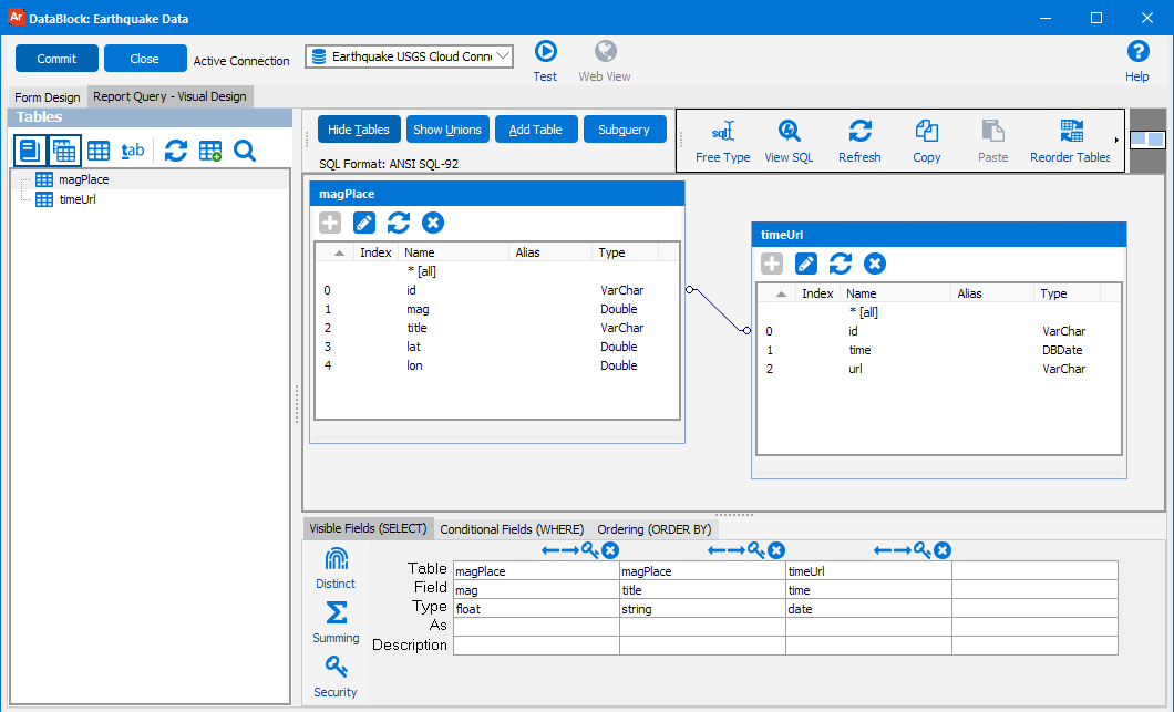 Visual Designer showing the earthquakeFeed table added to the query.  The three fields id, mag, and title have been added to the SELECT statement.